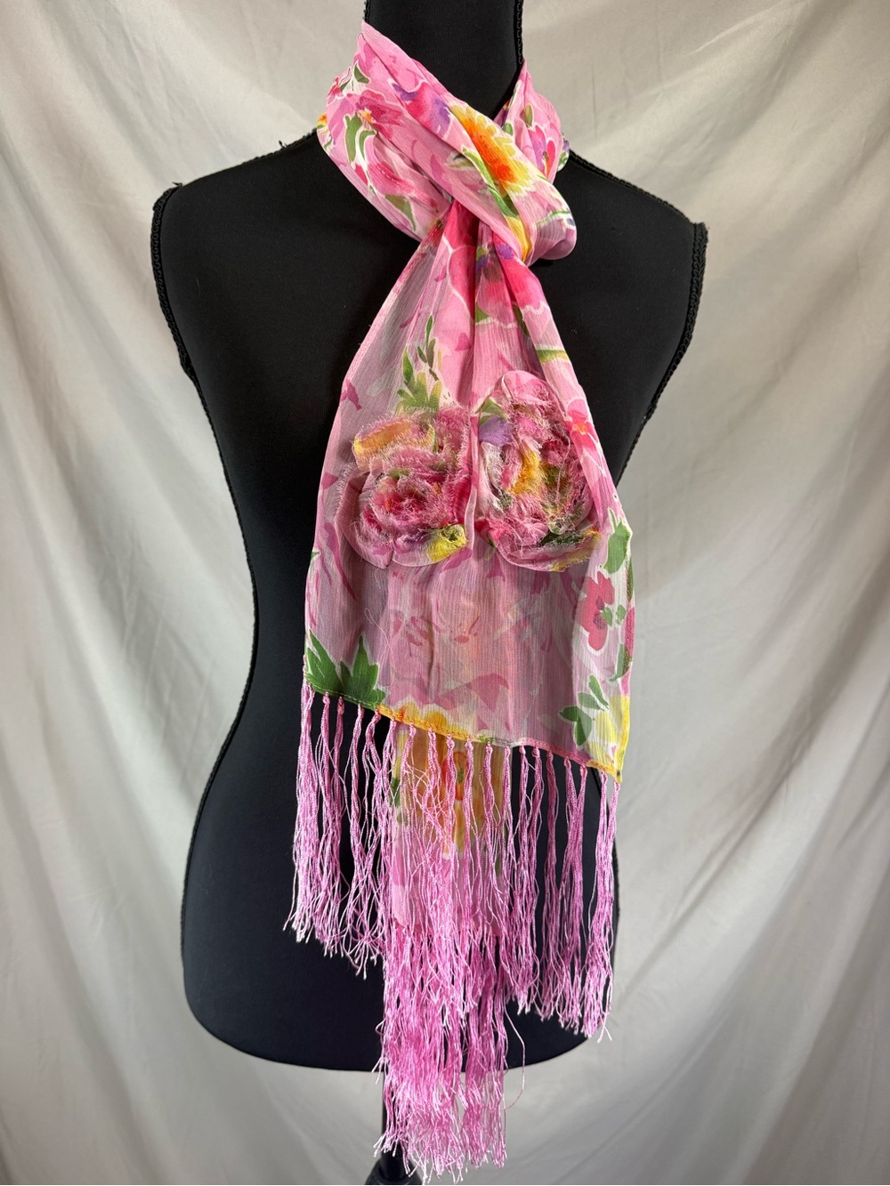 Lauren‎ Ralph Lauren Watercolor Floral Silk Scarf with Fringe Tassels One Size